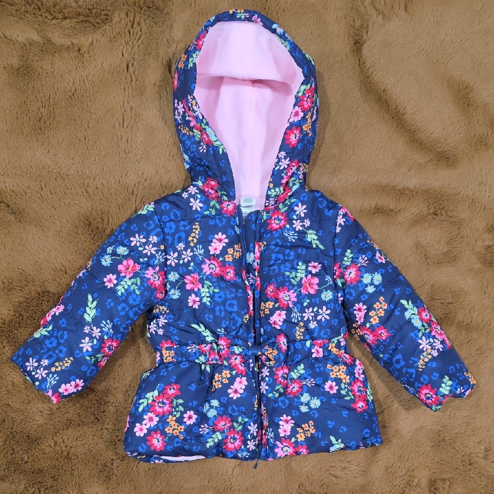 💜 Little Me, 18 months, Floral with Bow, Pink Fleece Lined Jacket , Coat